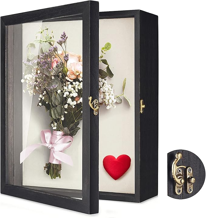 TJ.MOREE Flowers Shadow Box Display Case 11 x 14 Large Shadowbox Frame with Glass Window Door Wedding Bouquet Medals Photos Memory Box for Keepsakes - Rustic Black