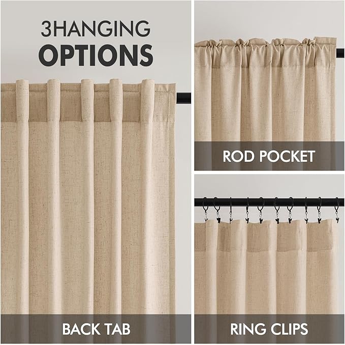 MIULEE Non-See-Through Privacy Linen Curtains 2 Panels, Light Filtering Window Curtains Farnhouse Textured Back Tab Semi Sheer Drapes for Bedroom Living Room, 52 x 96 Inches Long, Light Brown