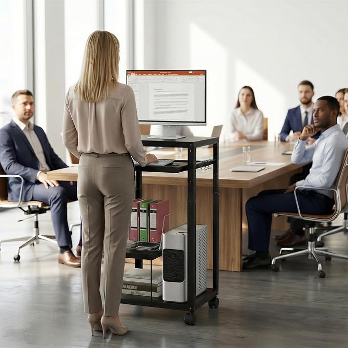 tonchean AV Presentation Cart with Keyboard Tray, Heavy Mobile Workstation Presentation Cart,AV Cart with Adjustable Shelves for Video Projector Laptop Computer, Media Cart for School Classroom Office