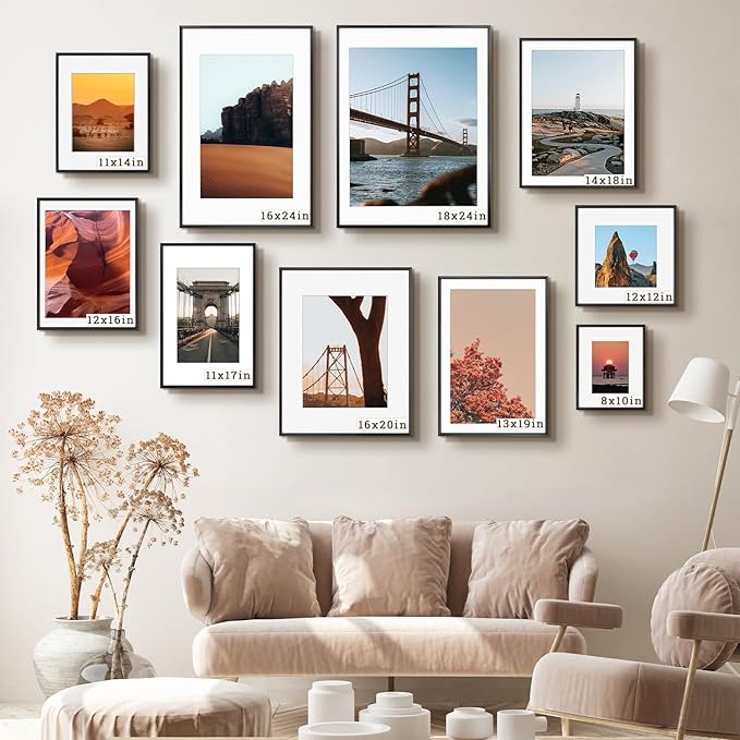 Frametory, 11x17 Metal Picture Frame with Mat for 8x12 Picture & Real Glass, Aluminum Photo Frame Collection (Black, 1 Pack)