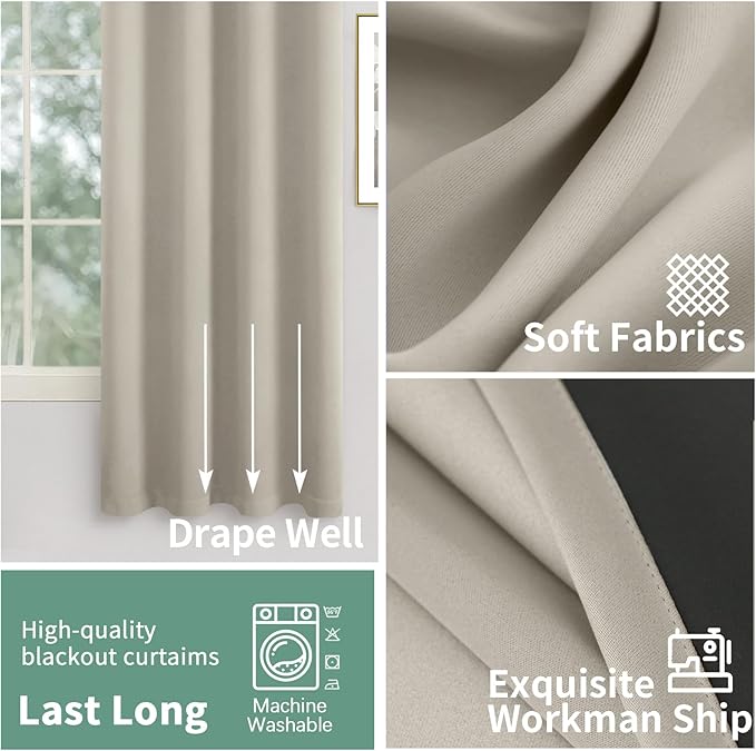 Camel Blackout Curtains for Bedroom 72 Inch Length 2 Panels Set, Thermal Insulated 100% Sun Blocking Soundproof Grommet Heavy Thick Window Curtains, Each 52 Inch Wide, Cashmere
