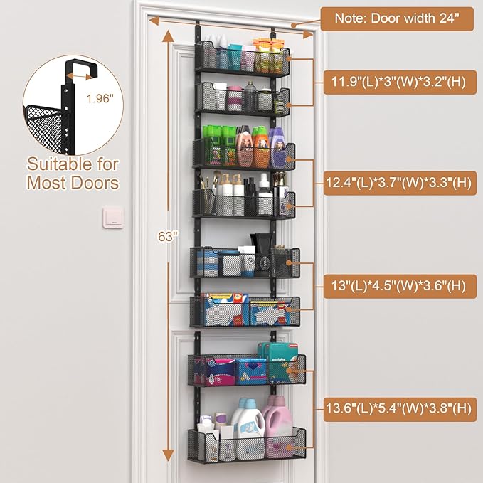 Over The Door Organizer, 8-tier Metal Door Organizer Hanging with Adjustable Baskets, Behind The Door Storage for Bedroom Closet Bathroom Pantry Cabinet Kitchen, Black