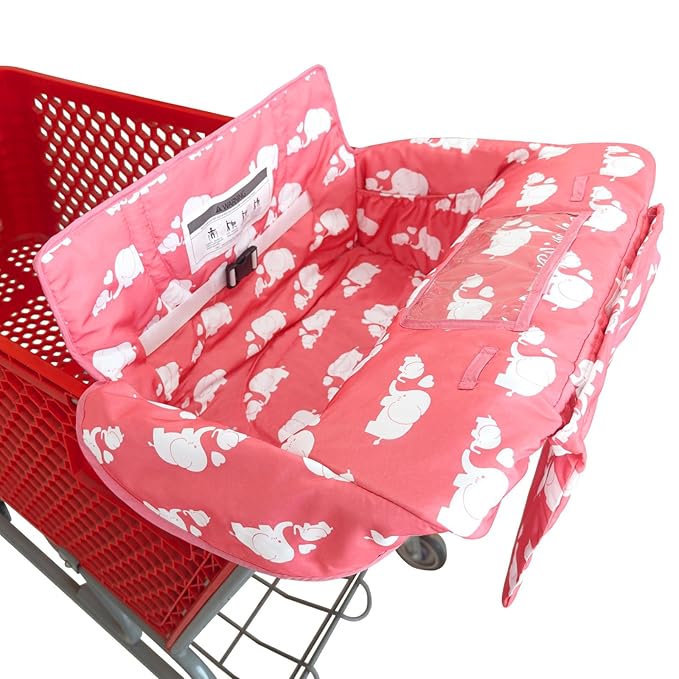 2-in-1 Shopping Cart and High Chair Cover for Baby, Padded Cover, Fold'n Roll Style, Portable with Carry Bag (Pink Elephant)