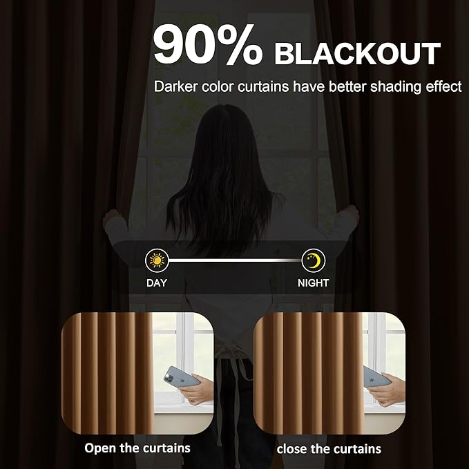 Cappuccino Brown Curtains 40x108 Inches Long 2 Panels Set, Pinch Pleated Thermal Insulated Blackout Room Darkening Curtain for Living Room,Window Draperies with Hooks