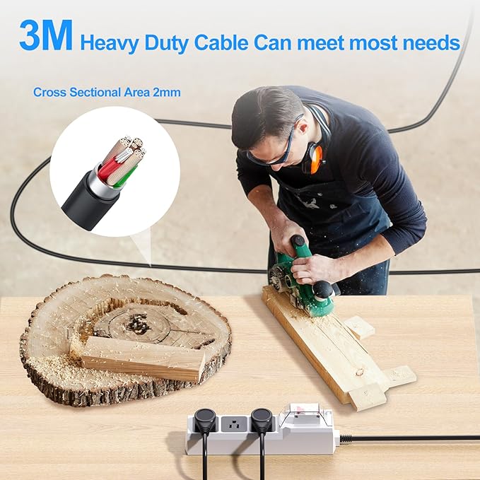 GFCI Power Strip with 10ft Heavy Duty Extension Cord, 3 Outlet (1875W/15A) with 30mA RCBO Circuit Breaker for Home, Factory Workshop, Garage, Covered Outdoor