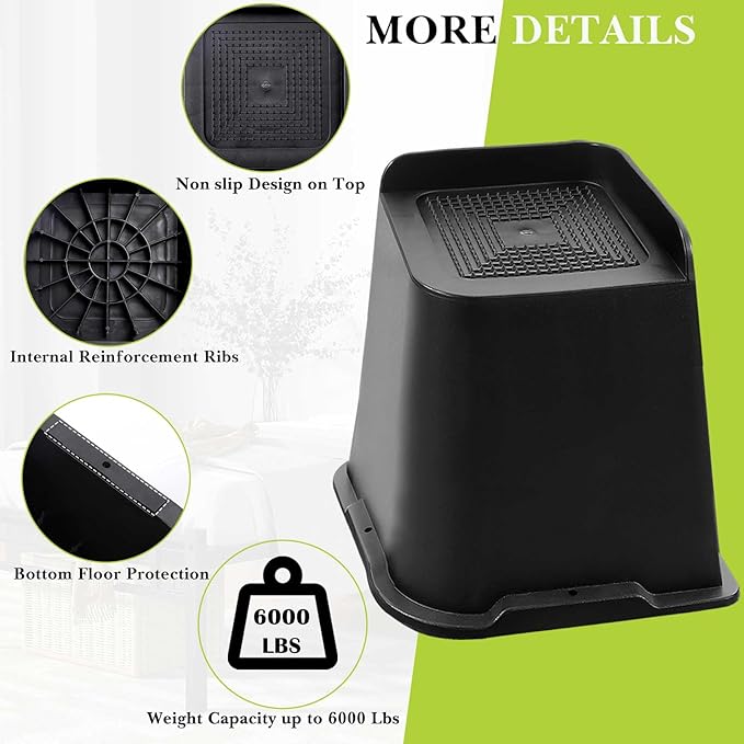 Bed Risers 2 inch, 3 inch, 4 inch, 6 inch, 8 inch Heavy Duty, Oversized Furniture Riser for Couch Sofa Table Chair Leg Frame Dorm, Support up to 6000 Lbs (Black 4 Pack, 6 inch)