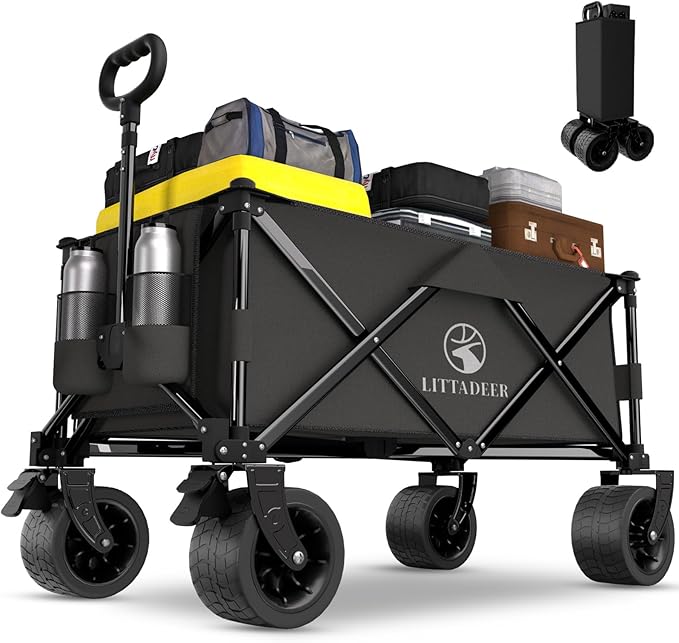 Wagons carts Foldable with Silent All-Terrain Wheels, Collapsible Heavy Duty Beach Wagon with Cup Holders and Brakes, Large Foldable Wagon for Camping,Garden,Shopping,Sports Black
