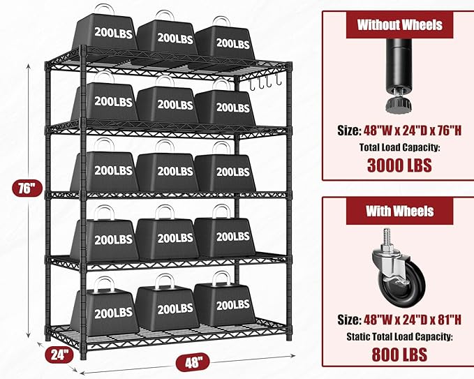PrimeZone 2 Packs 48" W x 24" D x 81" H Heavy Duty Wire Storage Shelves with Wheels, 5 Tier Adjustable NSF Certified Garage Shelving Unit, Rolling Metal Organizer Shelf Rack for Warehouse, Pantry