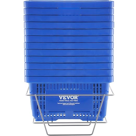VEVOR 12 PCS Shopping Basket, 16.73 x 11.61 x 8.86 inch Durable Plastic Grocery Basket with Stand & Handle, 24L Portable Shop Basket Bulk, Idea for Retail Store Supermarket Grocery Shopping, Blue