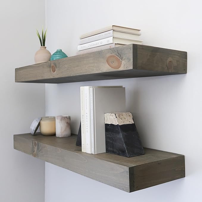 Urbandi Modern Floating Shelves 3 Inches Thick for Wall, Wide Shelves for Kitchen, Living Room, Bedroom, and Bathroom, Natural Pine Wood, Rustic Wooden Shelf, (Set of 2) (Aged Barrel, 60Lx3Hx8D)