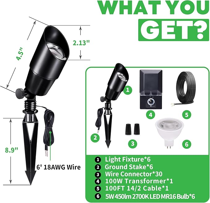 Outdoor Spotlight Kit, 6 Pack Black Low Voltage Landscape Light and 100W Low Voltage Transformer and 100FT Cable and 30 Wire Connectors, Waterproof Aluminum Light for Patio Yard House
