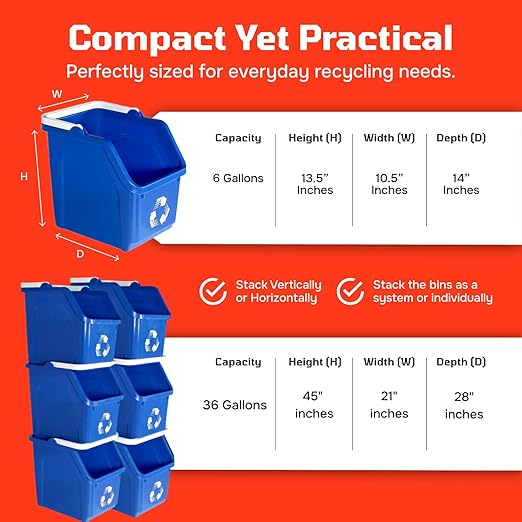Multi Recycling Bin System with Three Stacking 6 Gallon Bins with Carrying Handles, Stackable and Compact for Offices, Homes, Garages, Businesses - (Grey, 6 Pack)