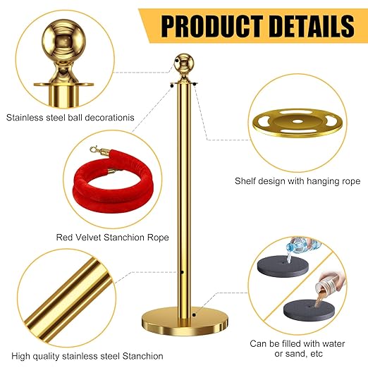 kaiyomi 6Pcs Stanchions with Red Velvet Ropes Set, 5 Feet Velvet Ropes and Posts Poles for Red Carpet Party Decoration and 360° Photo Booth (Golden)