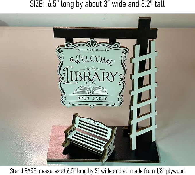 Welcome to the Library Sign Miniature Signpost Self-standing Kit, Mini Booknook Sign with ladder and Bench Scene Display, Bookcase Accessories Decor Gift for Book-themed Club Book Lover