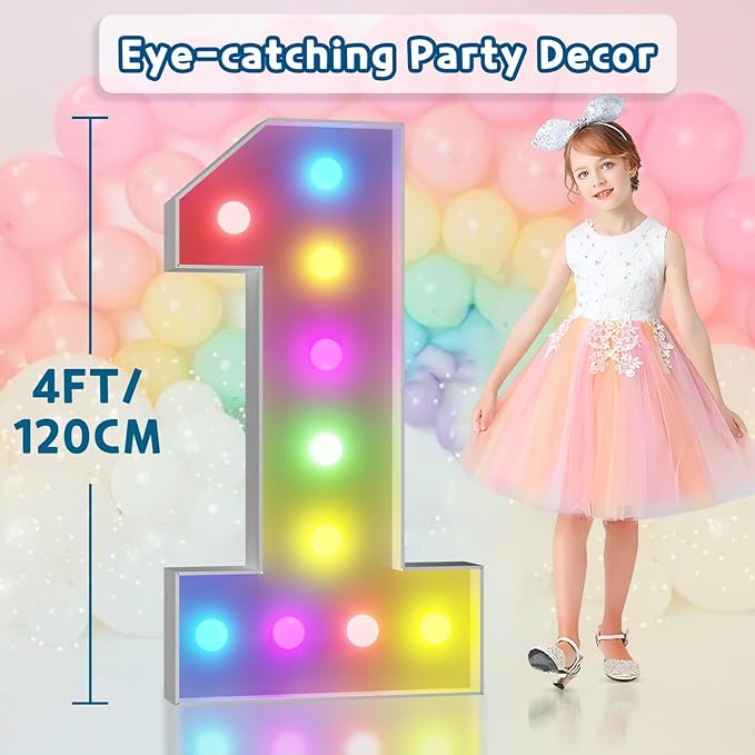 imprsv 4FT Colorful Marquee Numbers,18 Colors with Remote, Light Up Numbers 1 for 1st 10th Birthday Decorations Anniversary Party Decor, Pre-Cut Foam Board Kit, Mosaic Sign for Balloon