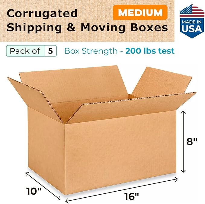 Medium Moving & Shipping Boxes 16 x 10 x 8 inches (5-Pack) - Extra Strength 200 lb vs Regular - Corrugated Packing Boxes - Cardboard Box for Delivery - Box for Shipping by IDL Packaging