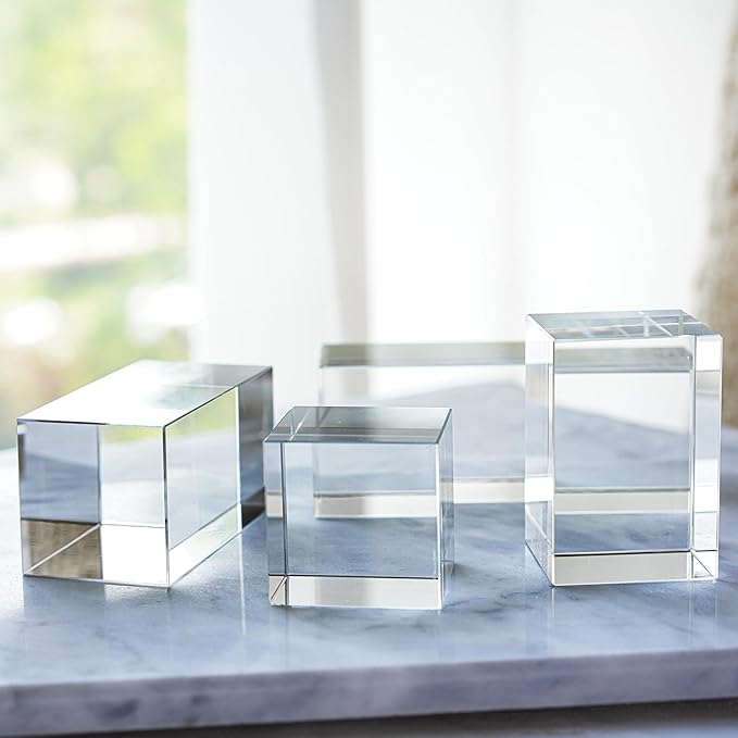 ZEERSHEE Set 4 Clear Crystal Cube Display Blocks Square Glass Display Stand for Collectibles Art Craft Transparent Solid Bases for Jewelry Cosmetic Crafts Closet Show