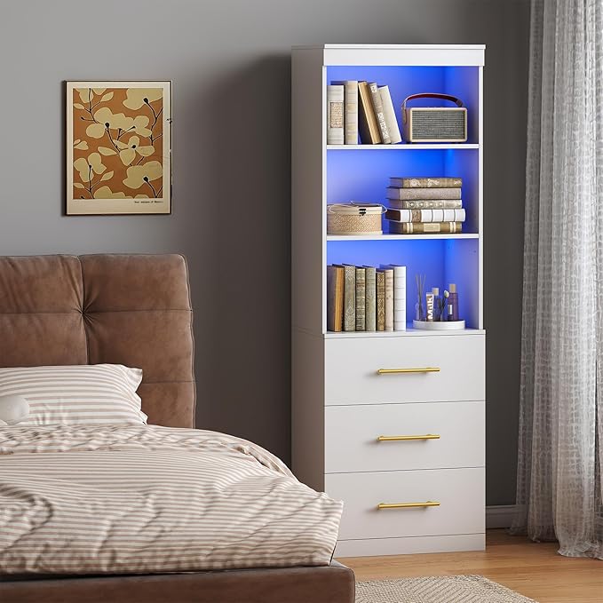 Winkalon 71“H White Bookshelf with LED Light, Bookcase and Bookshelf with Drawers, Tall Bookcase Tall Storage Cabinet 3-Tier Open Shelves for Home Office Living Room Bedroom, 15.8"D x 23.6"W x 70.9"H