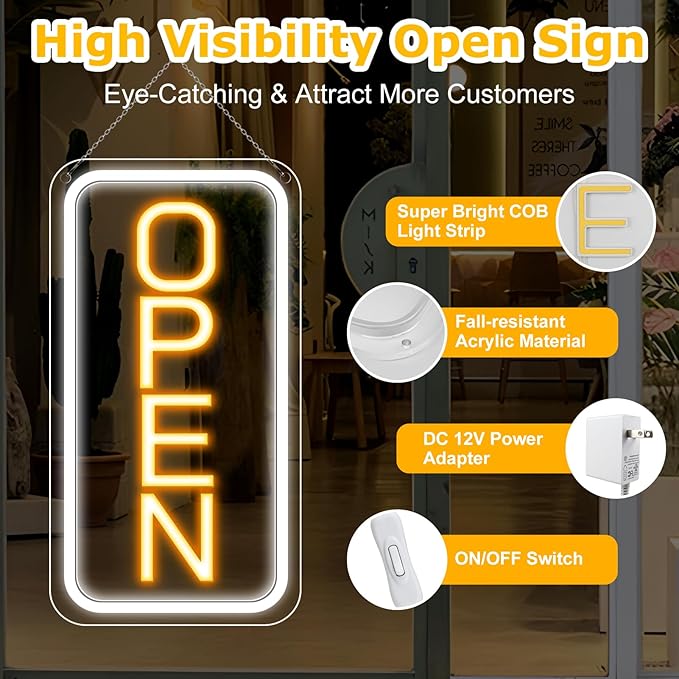 inShareplus 16"x 9" Super Bright Open Sign,12V LED Neon Open Signs for Business for Window, with ON/OFF Switch, Electric Light up Signs for Stores, Restaurants Retail Shops (Yellow-White-Vertical)