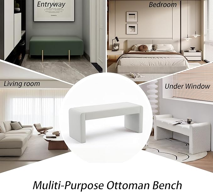 Velvet Entryway Bench End of Bed Bench Upholstered Modern Window Bench Comfy Ottoman for Dining Room/Bedroom/Living Room/Hallway/Indoor (Ivory White)