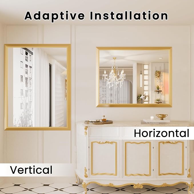 Amorho Bathroom Mirror, 36x36 Inch Golden Thick Metal Framed Wall Mirrors for Over Sink, Wall-Mounted Mirrors Perfect for Bedroom, Living Room, Entryway, Rectangle (Horizontal/Vertical).