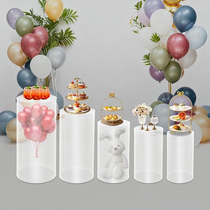 5 Pcs Wedding Cylinder Stands, Clear Acrylic Round Pedestal Stand, Floor Standing Clear Cylinder Stands for Wedding Birthday Party 19.6'', 21.6'', 23.6'', 29.5'', 35.4'' H