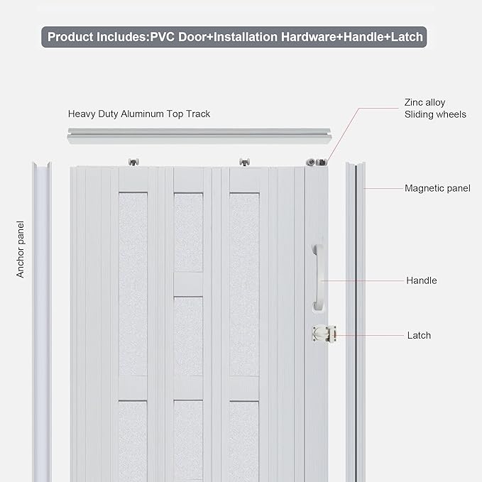 60X79in Frosted Acrylic Glass PVC Accordion Folding Door for Closet,Multifold Interior Door with Installation Hardware,Includes Handle and Latch,White Beech