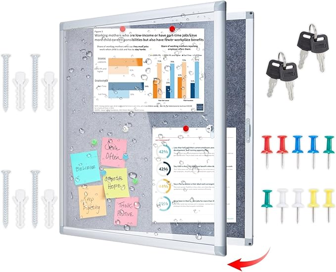 Enclosed Bulletin Board 28x26 Inch Outdoor Notice Board Tamper-Proof Flannel Lockable Display Cases with Aluminum Frame, All Weather Pinboard for Hospital, Restaurant Kitchen, Office