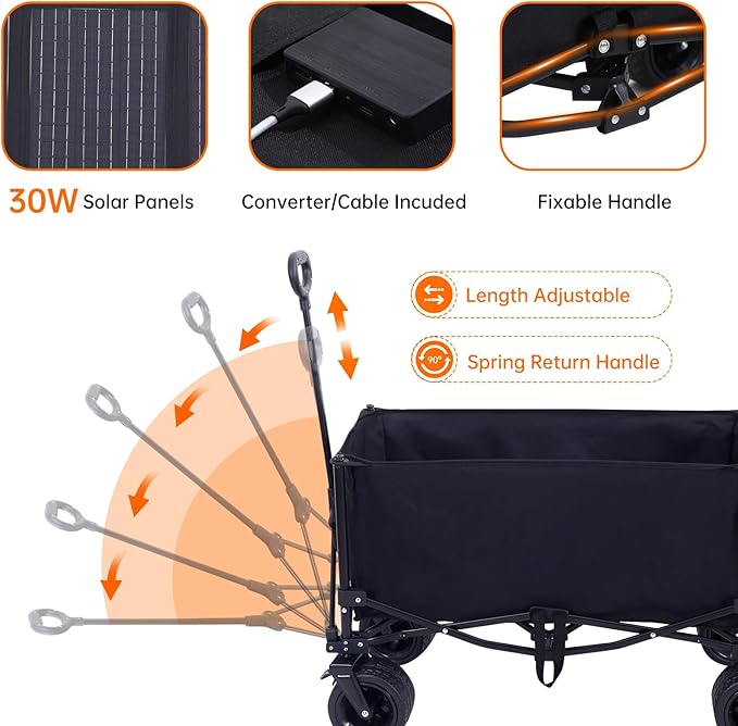 Nice C Wagon with Canopy, Collapsible Wagon, Foldable Wagons, 30W Portable Solar Panel w/USB, Type-C & DC Charging Cable, All-Terrain Wheels
