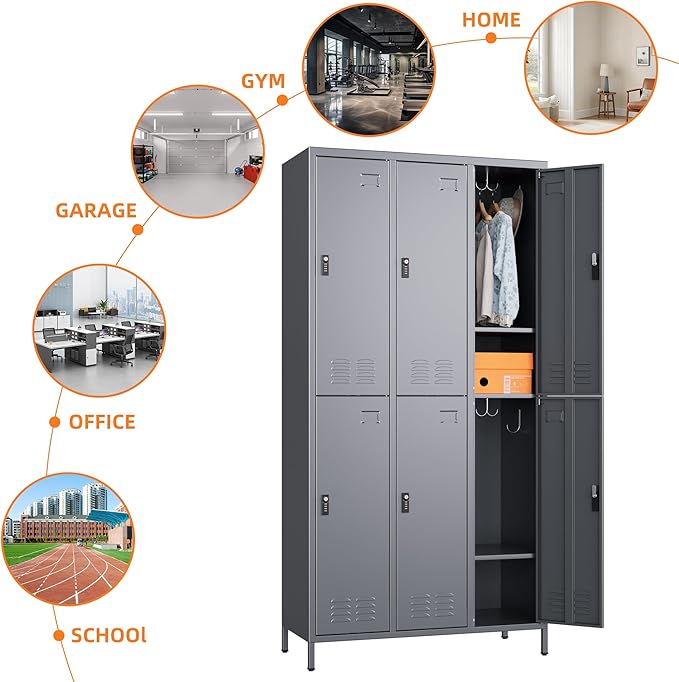 Aobabo Combination Lock Metal Storage Locker for Employees, 6 Doors Lockable Storage Locker with 18 Hooks for Office Gym School, Dark Grey, Assembly Required