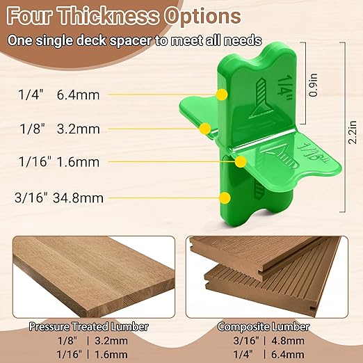 4 Pcs Deck Spacer Tool, Green Deck Board Spacers with 4 Thicknesses 1/16", 1/8", 3/16", 1/4", Deck Spacers Jig Clamp for Pressure Treated Composite Decking Boards
