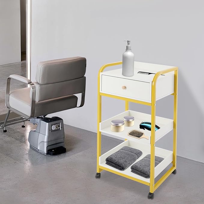 3-Tier Salon Trolley Cart w/Drawer & Shelves, Esthetician Carts w/Wheels Utility Storage for Barber Nail Spa Office, Gold, White