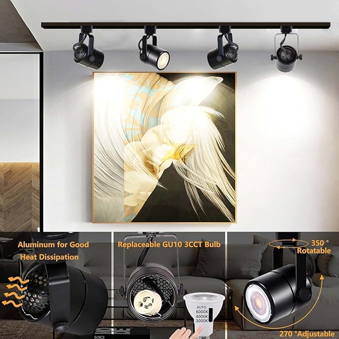 Black 4PCS LED Track Lighting with Advanced Replaceable GU10 Bulbs, Switchable 3CCT and Dimmable Brightness(20%-100%), Versatile Ceiling Spotlight Fixtures for Any Space(No Track Rail)
