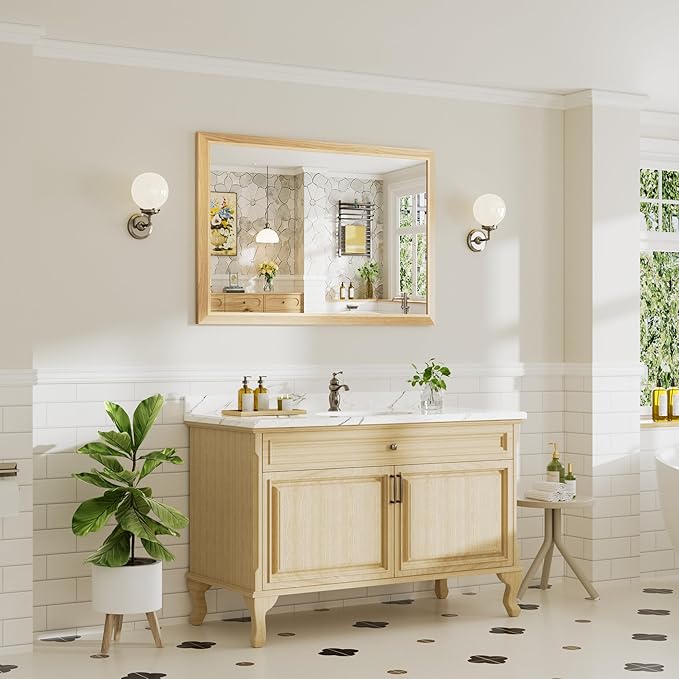48x32 Inch Bathroom Mirror for Wall, Anti-Rust Oak Wood Grain Metal Framed Bathroom Mirrors for Over Sink,Rectangler Mirrors for Bathroom Vanity, Farmhouse, Bedroom, Living Room, Entryway Decor