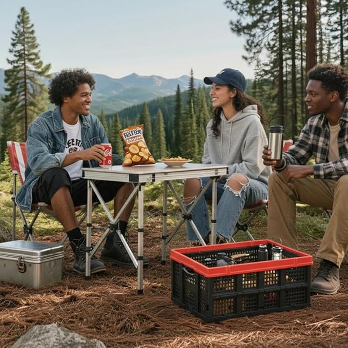 49L Collapsible Crate, Milk Crate for Storage, Foldable Storage Crate, Stackable Crate for Organizing for Home, Shopping, Camping, School, Office, Warehouse, Red