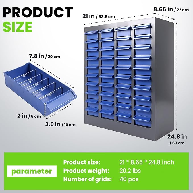 40 Drawers Nut and Bolt Organizer, 25" H x 21" D x 9" W Bolt and Nut Tool Storage Cabinet with Acrylic Adjustable Shelves & Label Stickers, Alloy Steel Parts Cabinet for Workshop Garage Organizer