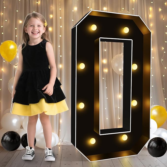 Pooqla 3 FT 4 FT Marquee Light Up Letters, Black Giant Letter Sign Marquee Letter Lights, Big Mosaic Letters Numbers for Balloons Birthday Party Anniversary Wedding Decorations, 3FT Number 0