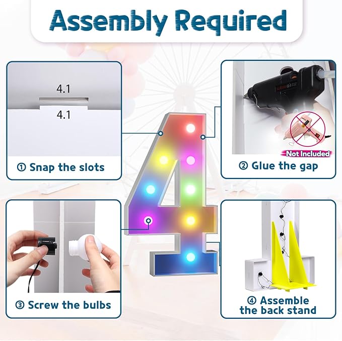 imprsv 3FT Colorful Marquee Numbers,18 Colors with Remote, Light Up Numbers 4 for 4th 40th Birthday Decorations Anniversary Party Decor, Pre-Cut Foam Board Kit, Mosaic Sign for Balloon