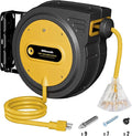 75 FT Retractable Extension Cord Reel, Heavy Duty Power Cord, 14AWG/3C SJTOW, 3 Grounded Outlets Lighted Triple Tap, 10A Circuit Breaker, Wall/Ceiling Mounted, ETL Listed, Yellow Y75ACR06