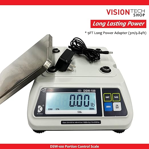 VisionTechShop DSW-100 Portion Food Scale with Single LCD Display, Stainless Steel Platter, 6lb Capacity, 0.002lb Readability, Lb/Oz/Kg/g Switchable, NTEP COC #22-007, NSF Certified