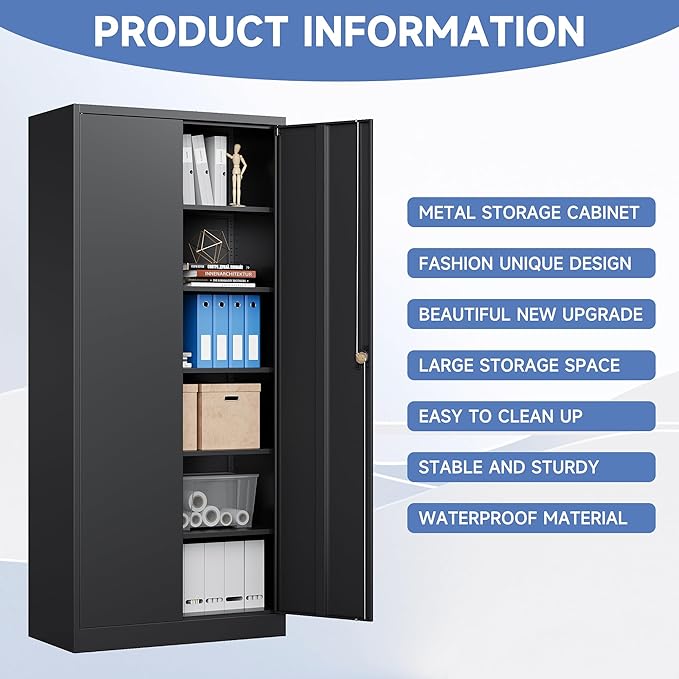 Metal Storage Cabinet with Locking Doors, Tall Cabinets for Home, Office, Warehouse Organizer (Black)
