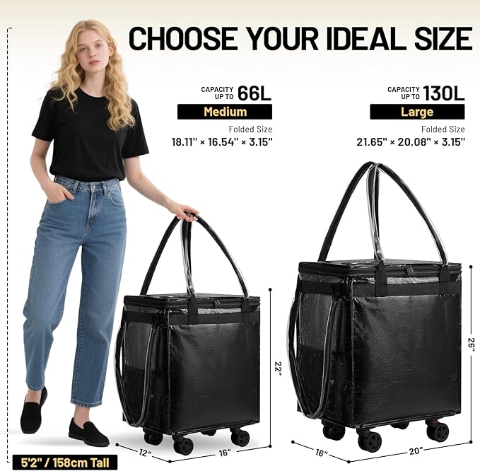 (Large) Fanwoli Reusable Grocery Bag on Wheels with Upgraded Wrinkle-Resistant Fabric | Enhanced Stability Wheels & Extended Handle | Foldable Shopping Trolley for Laundry, Carries Up to 130 L
