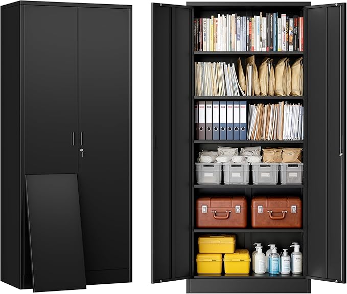 BESFUR Metal Storage Cabinet with 5 Adjustable Shelves and 2 Lockable Doors, 71" Black Garage Storage Cabinet, Locking Cabinet with for Office, School, Garage