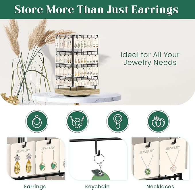 EsLuker.ly Rotating Earring Display Holder Stand for Vendors Events Selling, Large Capacity 64 Hooks Jewelry Rack with Wooden Base for Earring Card Sales, Enhances Retail Display Visibility