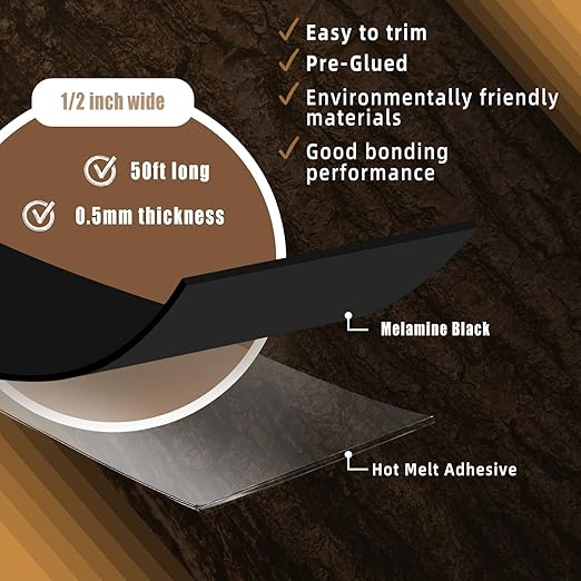 GSCIT Club Black Melamine Edge Banding, 1/2 inch x 50ft Edge Banding with Hot Melt Adhesive Pre-glued Cabinet Edge Banding Flexible Black Veneer Edging for Plywood