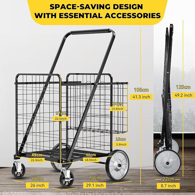 5.7 Cu Ft Folding Shopping Cart - 600 LB Capacity Grocery Cart with 360° Braked Swivel Wheels - Heavy Duty Utility Cart with Double Basket & Removable Waterproof Liner with Lid for Laundry