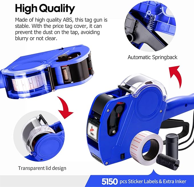 KPX MX5500 Pricing Tag Gun with 5150 pcs White Label Gun Stickers & 3 Extra Inker Rollers, Pricing Label Gun, 8 Digits Retail Pricing Gun and Labels for Grocery Store, Food (Blue)