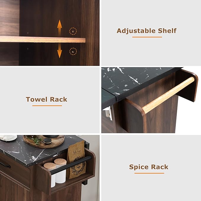 51" Moveable Kitchen Island with Trash Can Storage Cabinet, Kitchen Cart with Drop Leaf, Spice Rack, Towel Rack and Drawer, Rolling Kitchen Island on 5 Wheels with Adjustable Shelf