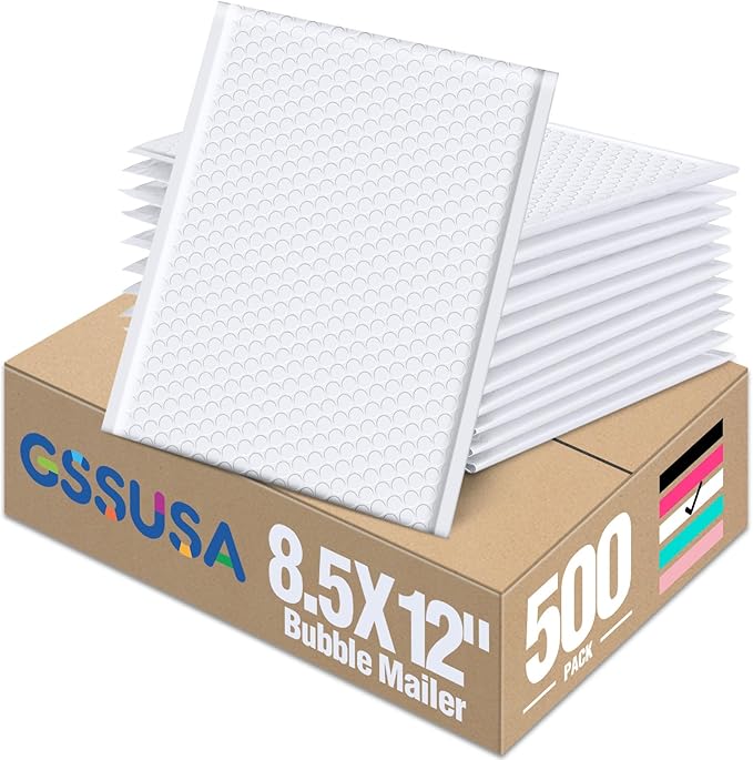 GSSUSA White Bubble Mailers 8.5X12 Inches 500 Pack, Padded Poly Bubble Mailer, Large padded Envelopes Strong Adhesion Bubble Envelopes,Self-Seal Mailing Envelopes for Small Business,Package Supplies