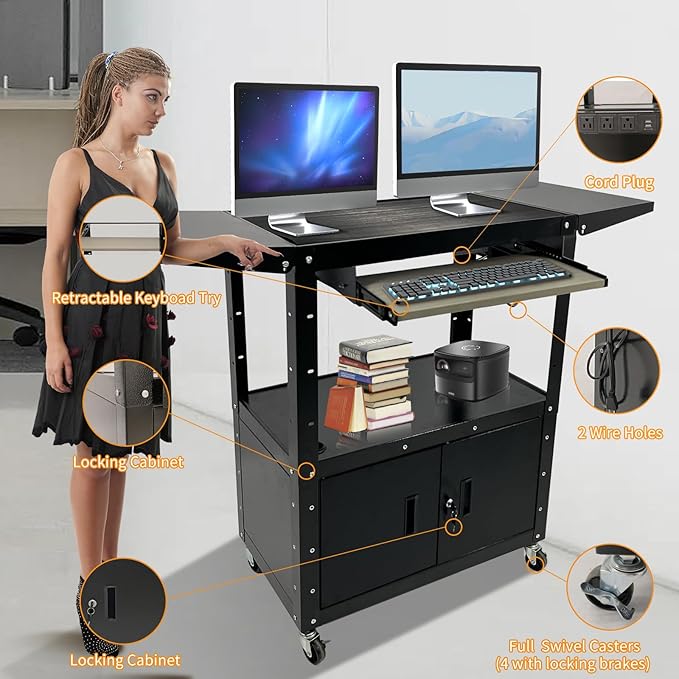 Large Steel AV Cart With Locking Cabinet and Pullout Keyboard Tray, Adjustable-Height Rolling Media Cart With Wheels & Power (54"x18"x43")